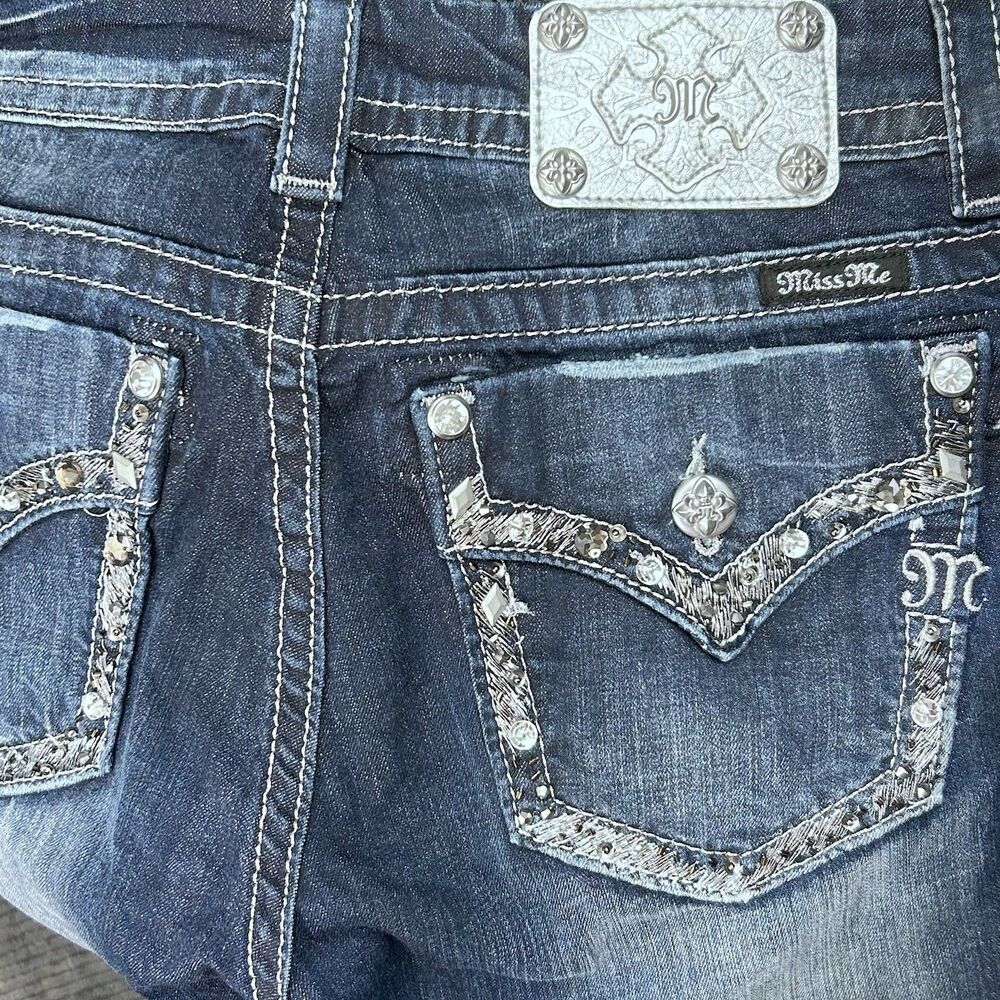 Miss Me Y2K Jeans Ankle Skinny Sz 29 Dark Wash Denim Embellished Distressed - Picture 2 of 9